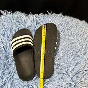 adidas Black Slides with White Three-Stripes